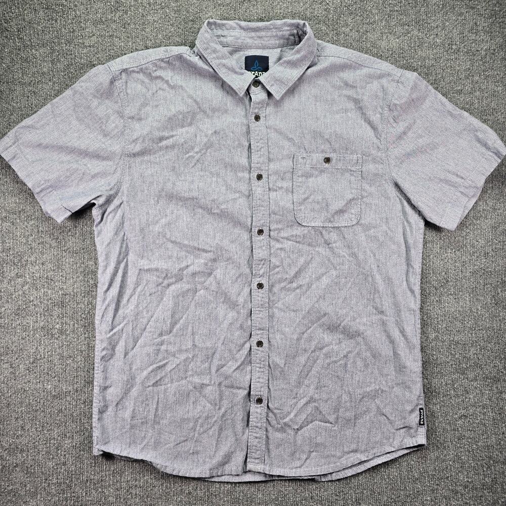Prana Shirt Mens XL Heathered Gray Blue Short Sleeve Organic Cotton Button Down